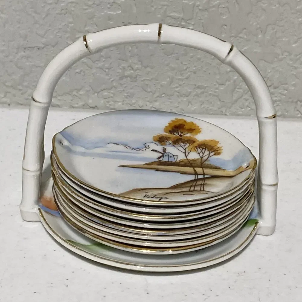 Vtg Lenwile Ardalt Hand Painted 3.5” Coasters With Caddy Occupied Japan Set Of 8